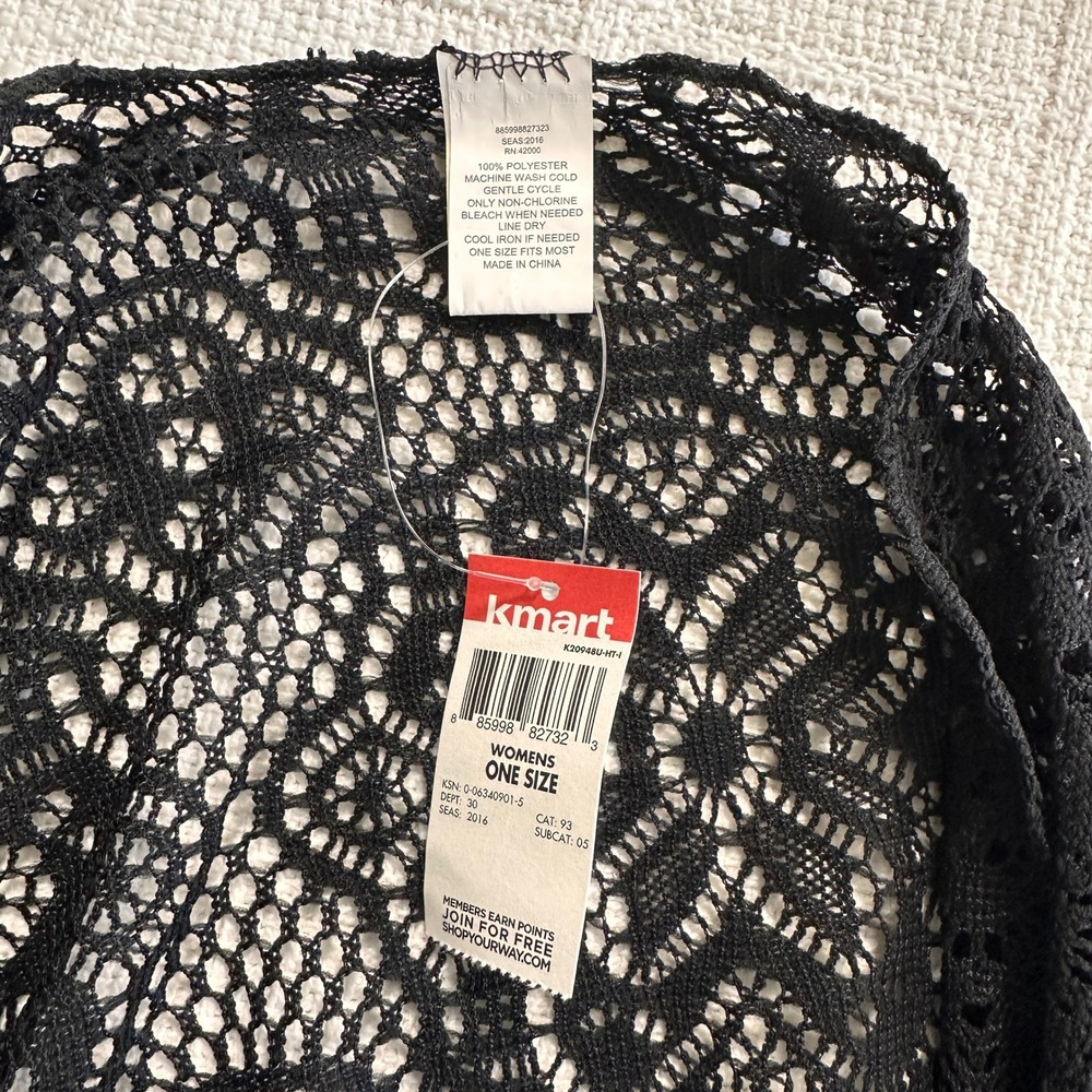 VTG Black Crochet Lace Kimono Fringe Swim Cover Up Boho Festival Whimsigoth OS - Picture 7 of 8